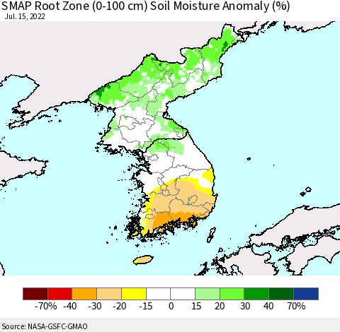 Korea SMAP Root Zone (0-100 cm) Soil Moisture Anomaly (%) Thematic Map For 7/11/2022 - 7/15/2022