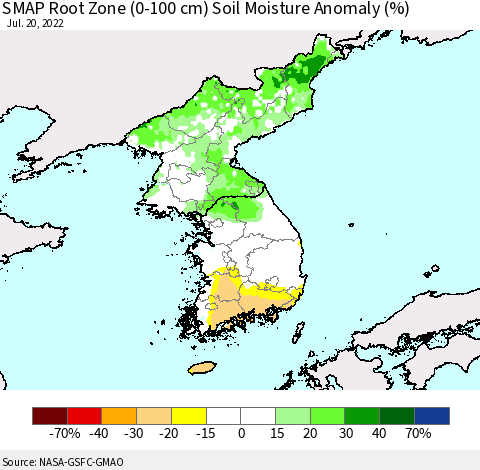 Korea SMAP Root Zone (0-100 cm) Soil Moisture Anomaly (%) Thematic Map For 7/16/2022 - 7/20/2022