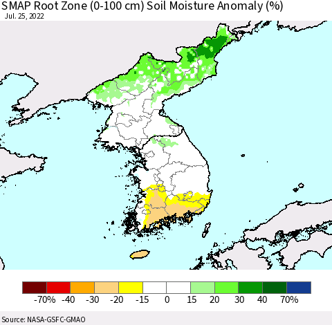 Korea SMAP Root Zone (0-100 cm) Soil Moisture Anomaly (%) Thematic Map For 7/21/2022 - 7/25/2022