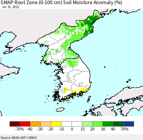 Korea SMAP Root Zone (0-100 cm) Soil Moisture Anomaly (%) Thematic Map For 7/26/2022 - 7/31/2022