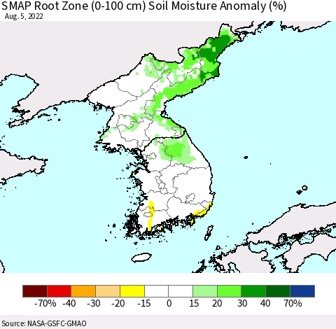 Korea SMAP Root Zone (0-100 cm) Soil Moisture Anomaly (%) Thematic Map For 8/1/2022 - 8/5/2022
