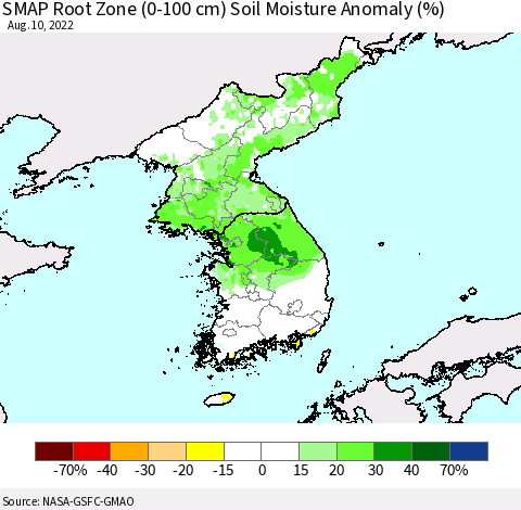Korea SMAP Root Zone (0-100 cm) Soil Moisture Anomaly (%) Thematic Map For 8/6/2022 - 8/10/2022