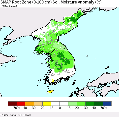 Korea SMAP Root Zone (0-100 cm) Soil Moisture Anomaly (%) Thematic Map For 8/11/2022 - 8/15/2022