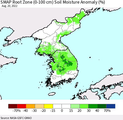 Korea SMAP Root Zone (0-100 cm) Soil Moisture Anomaly (%) Thematic Map For 8/16/2022 - 8/20/2022
