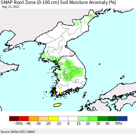 Korea SMAP Root Zone (0-100 cm) Soil Moisture Anomaly (%) Thematic Map For 8/21/2022 - 8/25/2022