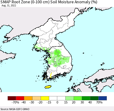 Korea SMAP Root Zone (0-100 cm) Soil Moisture Anomaly (%) Thematic Map For 8/26/2022 - 8/31/2022