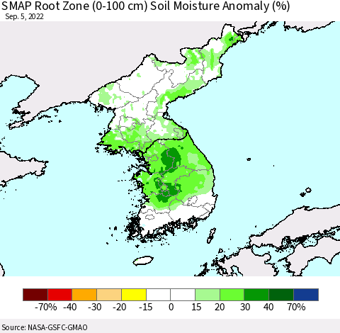 Korea SMAP Root Zone (0-100 cm) Soil Moisture Anomaly (%) Thematic Map For 9/1/2022 - 9/5/2022