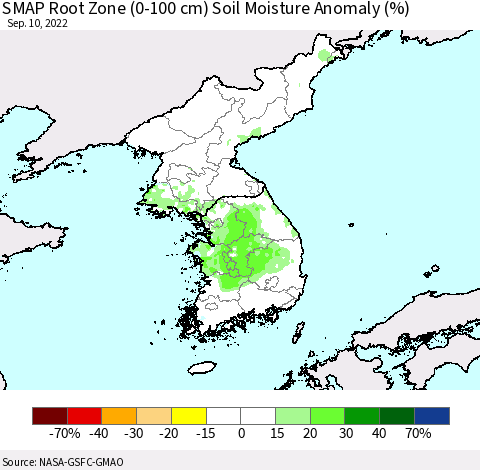 Korea SMAP Root Zone (0-100 cm) Soil Moisture Anomaly (%) Thematic Map For 9/6/2022 - 9/10/2022