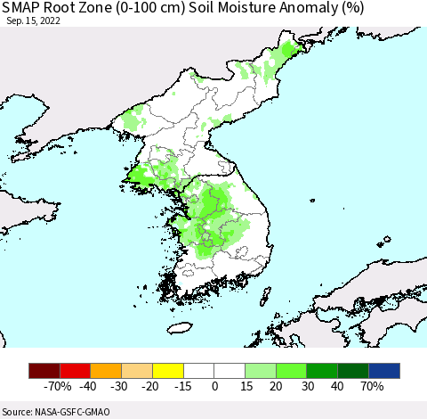 Korea SMAP Root Zone (0-100 cm) Soil Moisture Anomaly (%) Thematic Map For 9/11/2022 - 9/15/2022
