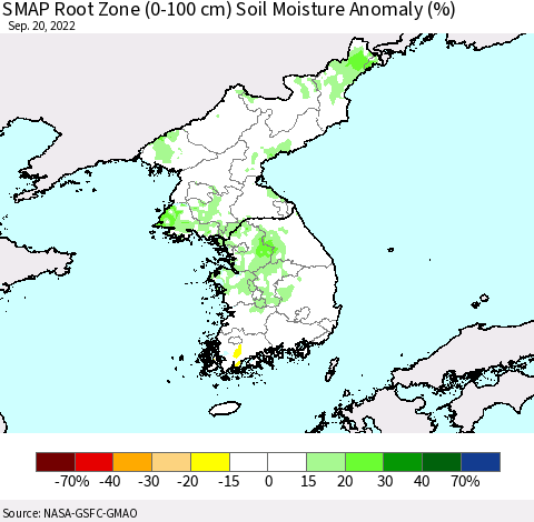 Korea SMAP Root Zone (0-100 cm) Soil Moisture Anomaly (%) Thematic Map For 9/16/2022 - 9/20/2022