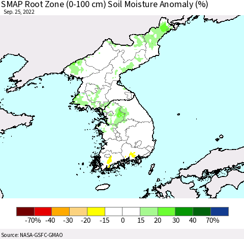 Korea SMAP Root Zone (0-100 cm) Soil Moisture Anomaly (%) Thematic Map For 9/21/2022 - 9/25/2022