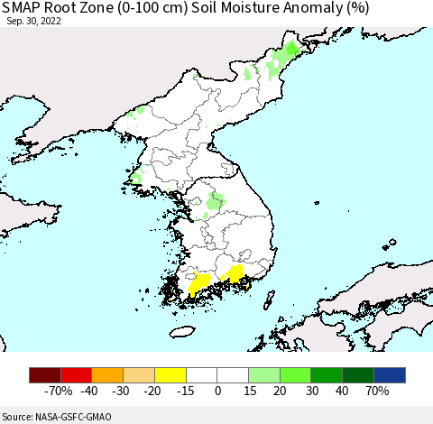 Korea SMAP Root Zone (0-100 cm) Soil Moisture Anomaly (%) Thematic Map For 9/26/2022 - 9/30/2022