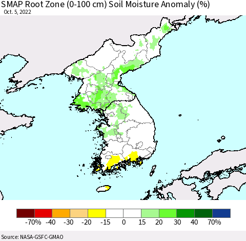 Korea SMAP Root Zone (0-100 cm) Soil Moisture Anomaly (%) Thematic Map For 10/1/2022 - 10/5/2022
