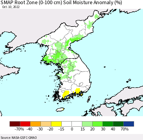 Korea SMAP Root Zone (0-100 cm) Soil Moisture Anomaly (%) Thematic Map For 10/6/2022 - 10/10/2022