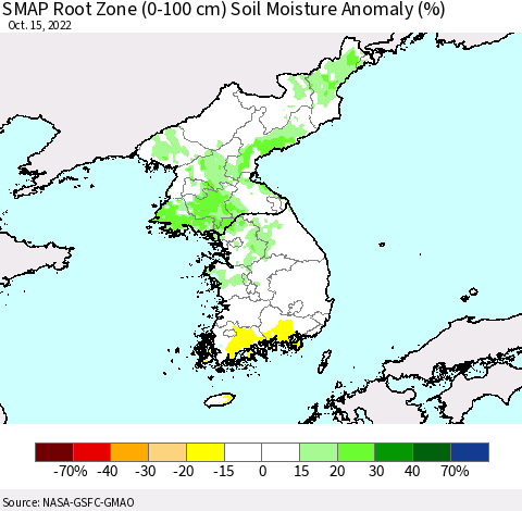 Korea SMAP Root Zone (0-100 cm) Soil Moisture Anomaly (%) Thematic Map For 10/11/2022 - 10/15/2022