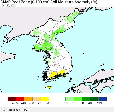 Korea SMAP Root Zone (0-100 cm) Soil Moisture Anomaly (%) Thematic Map For 10/16/2022 - 10/20/2022