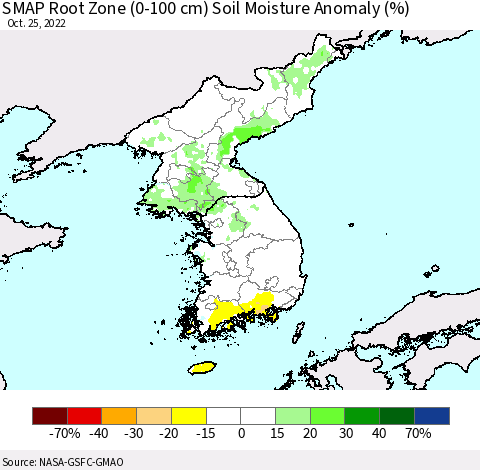 Korea SMAP Root Zone (0-100 cm) Soil Moisture Anomaly (%) Thematic Map For 10/21/2022 - 10/25/2022