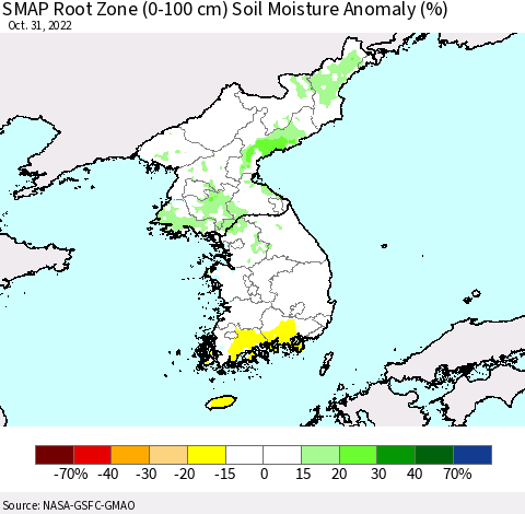 Korea SMAP Root Zone (0-100 cm) Soil Moisture Anomaly (%) Thematic Map For 10/26/2022 - 10/31/2022