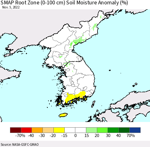 Korea SMAP Root Zone (0-100 cm) Soil Moisture Anomaly (%) Thematic Map For 11/1/2022 - 11/5/2022