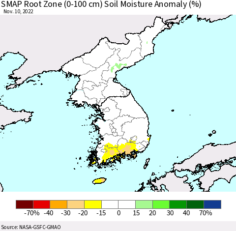 Korea SMAP Root Zone (0-100 cm) Soil Moisture Anomaly (%) Thematic Map For 11/6/2022 - 11/10/2022