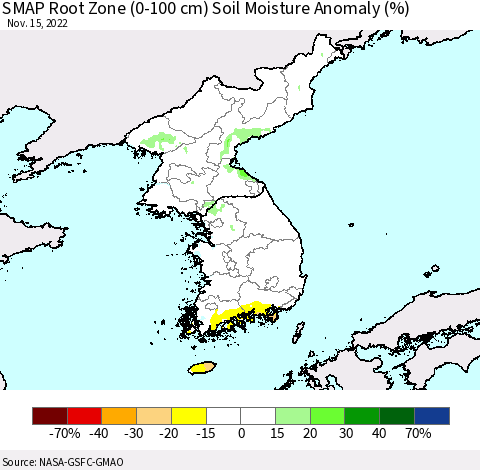 Korea SMAP Root Zone (0-100 cm) Soil Moisture Anomaly (%) Thematic Map For 11/11/2022 - 11/15/2022