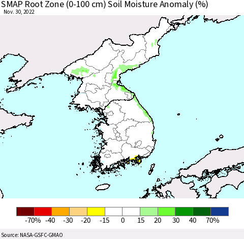 Korea SMAP Root Zone (0-100 cm) Soil Moisture Anomaly (%) Thematic Map For 11/26/2022 - 11/30/2022