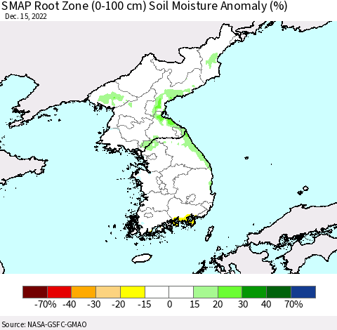 Korea SMAP Root Zone (0-100 cm) Soil Moisture Anomaly (%) Thematic Map For 12/11/2022 - 12/15/2022