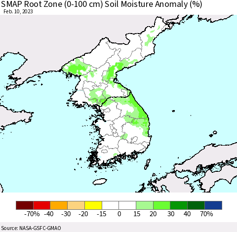 Korea SMAP Root Zone (0-100 cm) Soil Moisture Anomaly (%) Thematic Map For 2/6/2023 - 2/10/2023