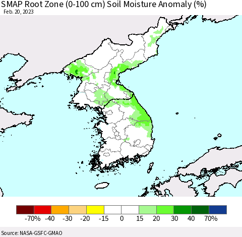 Korea SMAP Root Zone (0-100 cm) Soil Moisture Anomaly (%) Thematic Map For 2/16/2023 - 2/20/2023