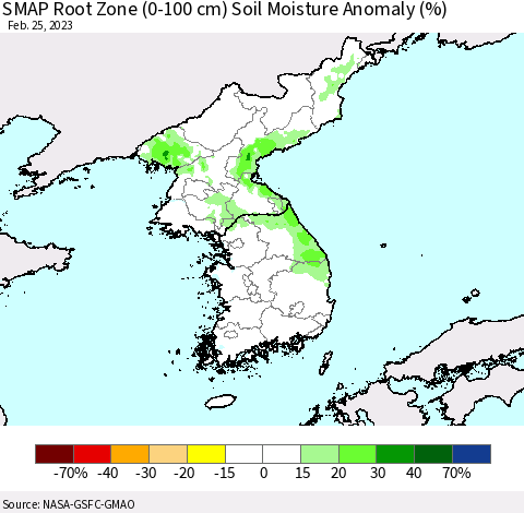 Korea SMAP Root Zone (0-100 cm) Soil Moisture Anomaly (%) Thematic Map For 2/21/2023 - 2/25/2023