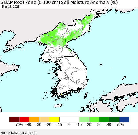 Korea SMAP Root Zone (0-100 cm) Soil Moisture Anomaly (%) Thematic Map For 3/11/2023 - 3/15/2023