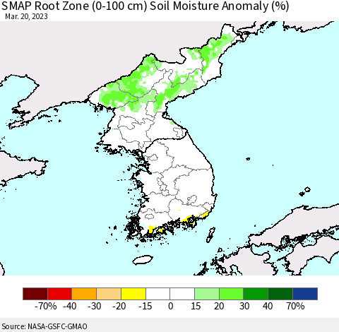 Korea SMAP Root Zone (0-100 cm) Soil Moisture Anomaly (%) Thematic Map For 3/16/2023 - 3/20/2023