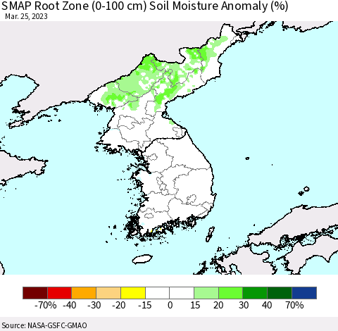 Korea SMAP Root Zone (0-100 cm) Soil Moisture Anomaly (%) Thematic Map For 3/21/2023 - 3/25/2023