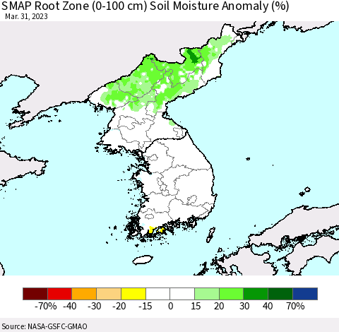 Korea SMAP Root Zone (0-100 cm) Soil Moisture Anomaly (%) Thematic Map For 3/26/2023 - 3/31/2023