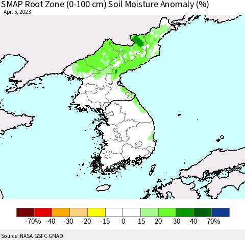 Korea SMAP Root Zone (0-100 cm) Soil Moisture Anomaly (%) Thematic Map For 4/1/2023 - 4/5/2023