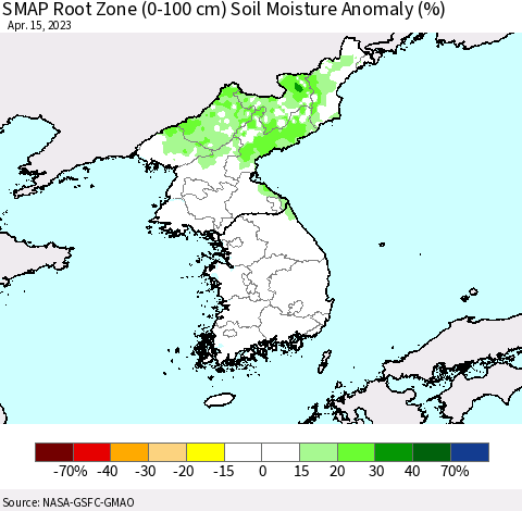 Korea SMAP Root Zone (0-100 cm) Soil Moisture Anomaly (%) Thematic Map For 4/11/2023 - 4/15/2023