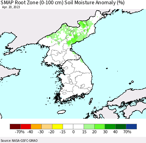 Korea SMAP Root Zone (0-100 cm) Soil Moisture Anomaly (%) Thematic Map For 4/16/2023 - 4/20/2023