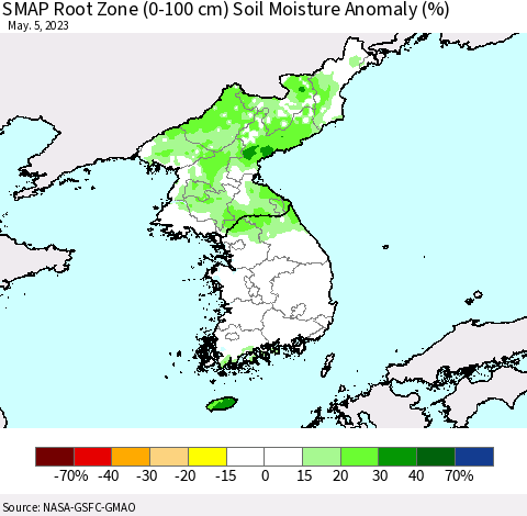 Korea SMAP Root Zone (0-100 cm) Soil Moisture Anomaly (%) Thematic Map For 5/1/2023 - 5/5/2023