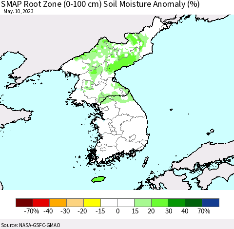 Korea SMAP Root Zone (0-100 cm) Soil Moisture Anomaly (%) Thematic Map For 5/6/2023 - 5/10/2023