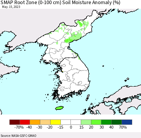 Korea SMAP Root Zone (0-100 cm) Soil Moisture Anomaly (%) Thematic Map For 5/11/2023 - 5/15/2023