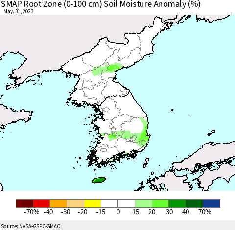 Korea SMAP Root Zone (0-100 cm) Soil Moisture Anomaly (%) Thematic Map For 5/26/2023 - 5/31/2023