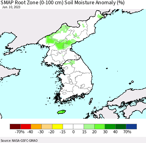 Korea SMAP Root Zone (0-100 cm) Soil Moisture Anomaly (%) Thematic Map For 6/6/2023 - 6/10/2023