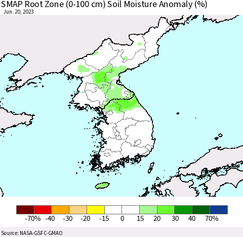Korea SMAP Root Zone (0-100 cm) Soil Moisture Anomaly (%) Thematic Map For 6/16/2023 - 6/20/2023