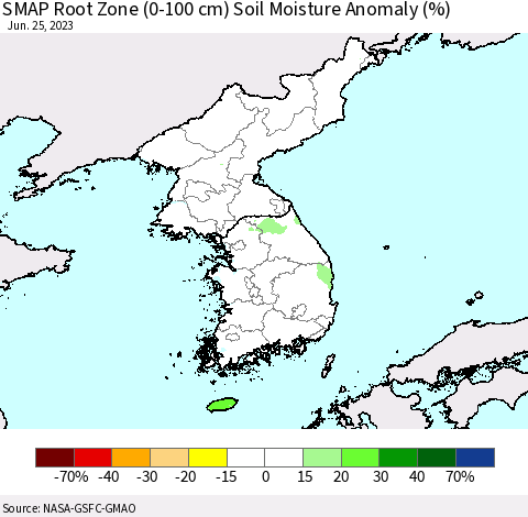 Korea SMAP Root Zone (0-100 cm) Soil Moisture Anomaly (%) Thematic Map For 6/21/2023 - 6/25/2023