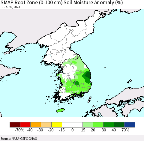 Korea SMAP Root Zone (0-100 cm) Soil Moisture Anomaly (%) Thematic Map For 6/26/2023 - 6/30/2023