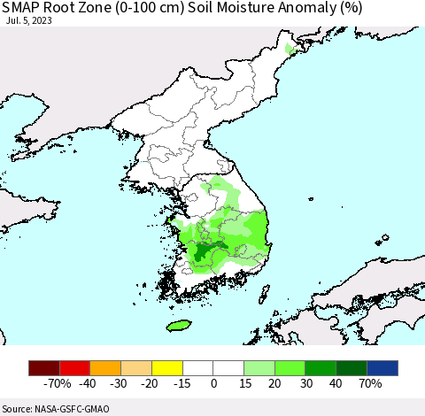 Korea SMAP Root Zone (0-100 cm) Soil Moisture Anomaly (%) Thematic Map For 7/1/2023 - 7/5/2023
