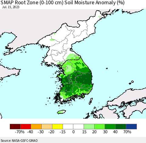 Korea SMAP Root Zone (0-100 cm) Soil Moisture Anomaly (%) Thematic Map For 7/11/2023 - 7/15/2023