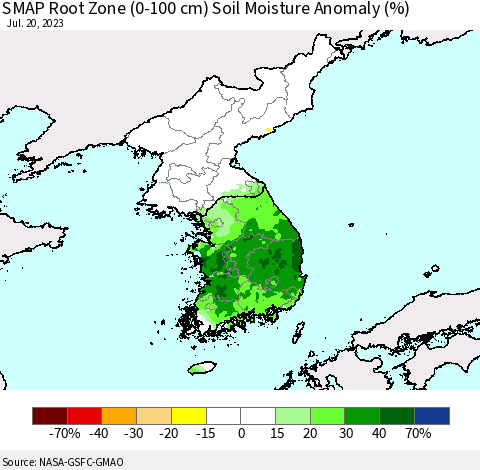 Korea SMAP Root Zone (0-100 cm) Soil Moisture Anomaly (%) Thematic Map For 7/16/2023 - 7/20/2023