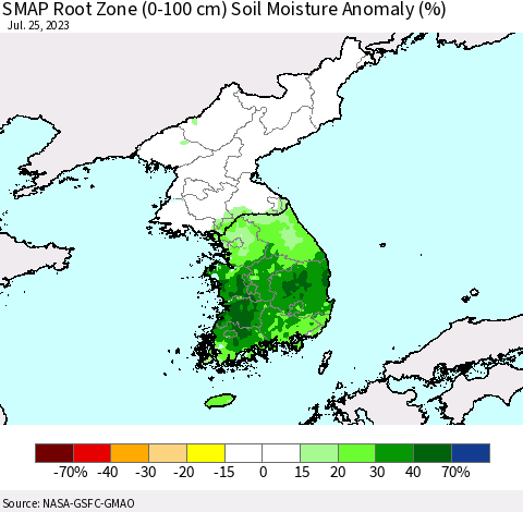 Korea SMAP Root Zone (0-100 cm) Soil Moisture Anomaly (%) Thematic Map For 7/21/2023 - 7/25/2023