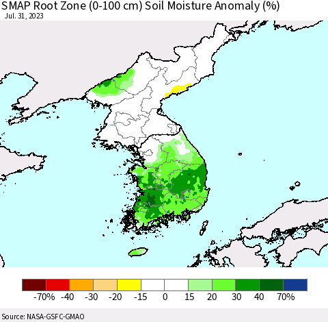 Korea SMAP Root Zone (0-100 cm) Soil Moisture Anomaly (%) Thematic Map For 7/26/2023 - 7/31/2023